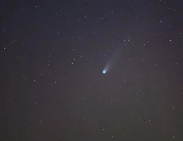 Комета Леммона C/2025 A6 сяє в нічному небі над ландшафтом у східному Літцені, Німеччина, пізно в суботу, 18 жовтня 2025 року. Патрік Плеул/dpa via AP)