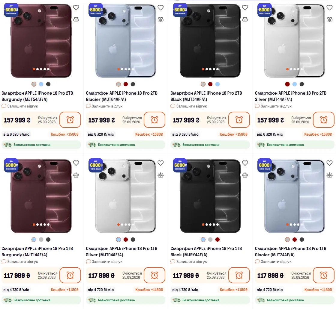 Ціни на iPhone 18 Pro Max.