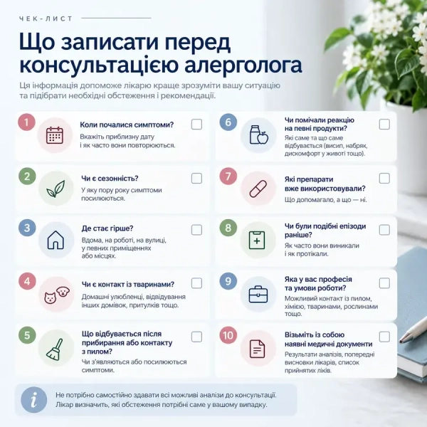Чек-лист інформації, яку варто підготувати перед консультацією алерголога Чек-лист інформації, яку варто підготувати перед консультацією алерголога